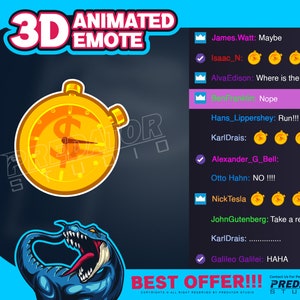 May include: A digital illustration of a blue dinosaur with a yellow timer with a dollar sign on it. The text "3D ANIMATED EMOTE" is at the top of the image. The text "BEST OFFER!!!" is at the bottom of the image. The text "Contact Us For Personal Custom: PREDATOR STUDIO" is in the bottom right corner of the image.