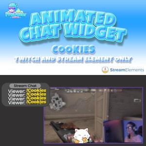 Può includere: Widget di chat animato per Twitch ed elementi di streaming. Il widget presenta un gatto dei cartoni animati che mangia biscotti. Il testo "Cookies" è visualizzato in grandi lettere blu. Il testo "Twitch and Stream Element Only" è visualizzato in lettere bianche più piccole. Il testo "Stream Elements" è visualizzato in lettere bianche con un'icona di razzo.