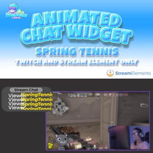 May include: Animated chat widget for Twitch and stream elements with a spring tennis theme. The widget features a cartoon cat holding a net and a chat box with the text "Viewerpring Tennis" repeated multiple times.