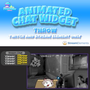 以下が含まれることがあります： TwitchとStream Elements用の「THROW」というテキストのアニメーションチャットウィジェット。画像には、漫画の猫、ゲーム画面、StreamElementsのロゴが表示されています。チャットには「!Throw」コマンドが表示されます。