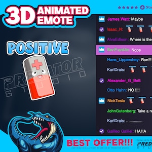 Puede incluir: Un emoji animado en 3D de una batería roja con un signo más y una cara sonriente. El emoji está etiquetado como "POSITIVO" y está rodeado de un fondo negro con el texto "PREDATOR STUDIO" en blanco. La imagen también incluye una lista de nombres y comentarios, incluyendo "James.Watt: Maybe", "Isaac_N: POSITIVO", "Alva Edison: ¿Dónde está el definitivo?", "BenFranklin: Nope", "Hans_Lippershey: ¡Corre!!!", "KarlDrais: POSITIVO", "Alexander_G_Bell:", "Otto Hahn: ¡NO!!!", "Nick Tesla: POSITIVO", "JohnGutenberg: Toma un descanso", "KarlDrais: ........", "Galileo Galilei: JAJA".