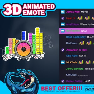 May include: A 3D animated emote with a speaker and sound waves. The emote is in a cartoon style and has a blue and green background. The text "3D ANIMATED EMOTE" is at the top of the image. The text "BEST OFFER!!!" is at the bottom of the image.