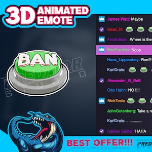 Może przedstawiać: Animowany przycisk emotek 3D z napisem "BAN" w czerwonych literach na zielonym tle. Przycisk jest otoczony szarym metalowym pierścieniem. Obraz zawiera również listę nazwisk i komentarzy, niektóre nazwiska są zaznaczone, a inne mają ikonę korony. Tekst "BEST OFFER!!!" znajduje się na dole obrazu.