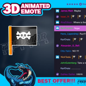 May include: A 3D animated emote of a pirate flag with a skull and crossbones. The flag is black with a white skull and crossbones. The text "PREDATOR STUDIO" is visible in the background. The text "BEST OFFER!!!" is visible in the bottom right corner of the image. The text "Contact Us For Personal Custom: PREDATOR STUDIO" is visible in the bottom right corner of the image.