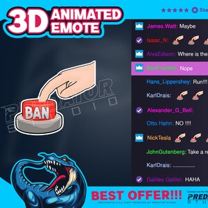 Może przedstawiać: Czerwony przycisk z napisem "BAN" jest wciskany przez rękę. W dolnej części obrazu znajduje się niebieski dinozaur z ostrymi zębami. Tekst "3D ANIMATED EMOTE" znajduje się w górnej części obrazu. Tekst "BEST OFFER!!!" znajduje się w dolnej części obrazu. Tekst "Contact Us For Personal Custom: PREDATOR STUDIO" znajduje się w prawym dolnym rogu obrazu.