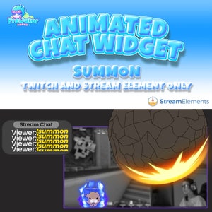 May include: Animated Twitch chat widget with a cartoon character and a large, gray, rocky object with a yellow, fiery trail. The text "SUMMON" is in large, blue letters. The text "TWITCH AND STREAM ELEMENT ONLY" is in smaller, blue letters. The text "Stream Elements" is in white letters on a blue rocket ship icon.