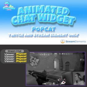May include: Animated chat widget for Twitch and stream elements featuring a popcat design. The widget displays a black and white image of someone playing a video game with a popcat in the bottom right corner. The chat window shows the text "Viewer: !Popcat" repeated four times.