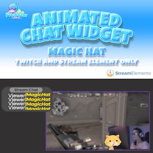 May include: Animated chat widget for Twitch and streaming, featuring a magic hat with a cute cartoon cat wearing it. The text "Viewer!MagicHat" is repeated in a chat box.