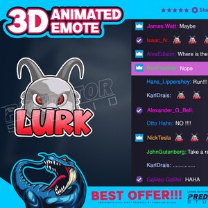 Puede incluir: Gráfico digital para un emote animado en 3D, con una criatura gris con ojos rojos y la palabra "LURK" en rojo y blanco. El diseño incluye una ilustración de serpiente azul y el texto "BEST OFFER!!!".