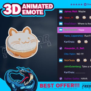 Puede incluir: Una ilustración digital de un dinosaurio azul con dientes y garras afiladas. El dinosaurio está en un estilo de animación 3D. La imagen también incluye un gato blanco con orejas naranjas y una nariz rosa. El texto "3D ANIMATED EMOTE" está en la parte superior de la imagen. El texto "BEST OFFER!!!" está en la parte inferior de la imagen. El texto "PREDATOR STUDIO" está en la parte inferior derecha de la imagen.