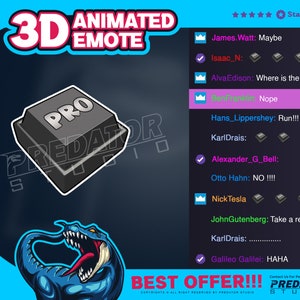 Puede incluir: Un emoji animado en 3D con la palabra "PRO" en un botón negro. El botón está etiquetado como "PREDATOR STUDIO" y está rodeado de un fondo azul y blanco. La imagen también incluye un dinosaurio azul con dientes y garras afiladas. El texto "BEST OFFER!!!" está en la parte inferior de la imagen.