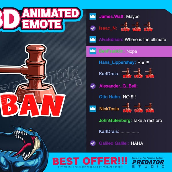 BAN Hammer 3D Animated Emote, Kick Emote, Twitch Emote, Discord Emote, Gaming Emote, Animated Emote, Emotes, Stream Emote, Bit Emote,