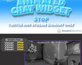 Könnte beinhalten: Ein blaues und weißes animiertes Chat-Widget mit dem Text "ANIMATED CHAT WIDGET STOP" und "TWITCH AND STREAM ELEMENT ONLY". Das Widget wird über einem Schwarzweißbild einer Videospielszene mit einer Person im Hintergrund angezeigt.