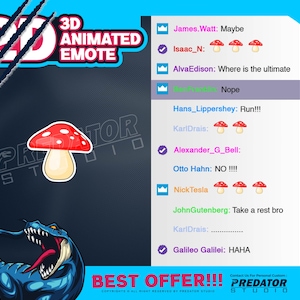 Paddestoel 3D-geanimeerde emote, cartoon-emote, kick-emote, Twitch-chat-emote, GIF-emotes, streamer-emotes, Twitch Bit-emotes, stream-emotes