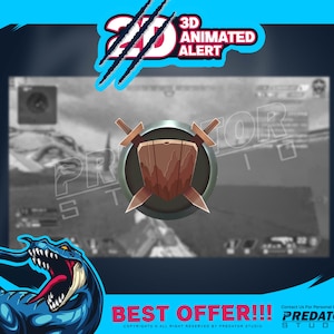 May include: A digital illustration of a shield with two swords crossed behind it. The shield is brown with a wood grain texture. The swords are silver with black handles. The background is a blurred image of a video game scene. The text "BEST OFFER!!!" is at the bottom of the image. The text "Contact Us For Personal Custom: PREDATOR STUDIO" is also at the bottom of the image.