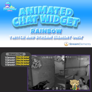 May include: Animated chat widget for Twitch and stream elements with a rainbow design. The widget displays a chat window with messages from viewers. The text "Viewer: !rainbow" is repeated four times in the chat window.