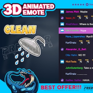 Op de afbeelding: Een blauwe cartoon-dinosaurus met een douchekop erboven. De tekst "3D ANIMATED EMOTE CLEAN" staat bovenaan de afbeelding. De tekst "BEST OFFER!!!" staat onderaan de afbeelding. De tekst "PREDATOR STUDIO" staat in de rechterbenedenhoek van de afbeelding.