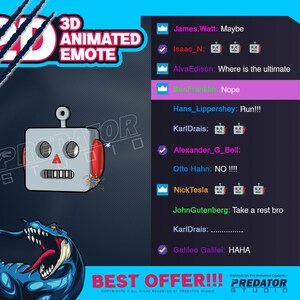 May include: A blue and black animated robot with red eyes and a red mouth. The robot is surrounded by a blue and black background with the text "3D Animated Emote" and "Best Offer!!!" in white. The text "Predator Studio" is also visible in white.