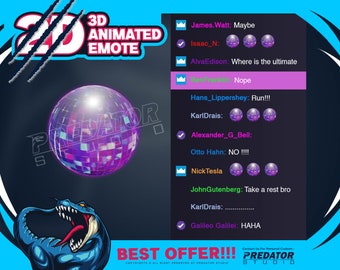 Könnte beinhalten: Eine digitale Illustration einer lilafarbenen Discokugel mit dem Text "PREDATOR" in weißen Buchstaben. Das Bild ist vor einem dunkelblauen Hintergrund mit einer blauen und weißen Raubtierklauengrafik auf der linken Seite des Bildes platziert. Der Text "3D ANIMATED EMOTE" ist in weißen Buchstaben auf einem blauen Hintergrund oben im Bild. Das Bild enthält auch eine Liste von Namen und Kommentaren in weißem Text auf einem dunkelblauen Hintergrund. Der Text "BEST OFFER!!!" ist in weißen Buchstaben auf einem blauen Hintergrund unten im Bild. Der Text "Contact Us For Personal Custom PREDATOR STUDIO" ist in weißen Buchstaben auf einem schwarzen Hintergrund unten rechts im Bild.