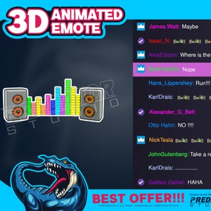 Puede incluir: Un dinosaurio azul de dibujos animados con una lengua roja y dientes afilados. El dinosaurio está frente a un fondo negro con un texto blanco superpuesto que dice "BEST OFFER!!!" y "PREDATOR STUDIO". El texto está en negrita, en blanco. La imagen también incluye un gráfico de un altavoz con un ecualizador de colores.