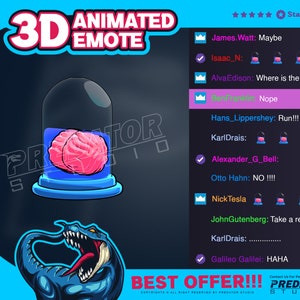 May include: A 3D animated emote of a pink brain in a glass dome. The brain is surrounded by a blue liquid. The dome is on top of a blue and green dinosaur head. The text "3D ANIMATED EMOTE" is at the top of the image. The text "BEST OFFER!!!" is at the bottom of the image. The text "Contact Us For Personal Custom: PREDATOR STUDIO" is in the bottom right corner of the image.