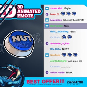 以下が含まれることがあります： 「NUT」と書かれた青と白の3Dアニメーションエモートボタン。ボタンは青と白の縁取りで囲まれています。画像には、青と緑の色の組み合わせの漫画の恐竜も含まれています。画像の下部には「BEST OFFER!!!」というテキストがあります。