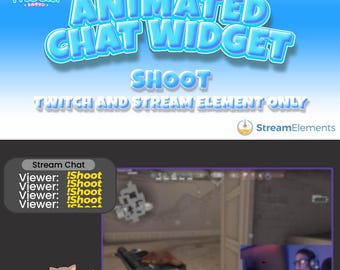 Könnte beinhalten: Animiertes Chat-Widget für Twitch und Streaming, mit einer Cartoon-Katze, die eine Waffe hält, und dem Text "Shoot" in Gelb. Das Widget zeigt Chat-Nachrichten von Zuschauern an, die den Befehl "!Shoot" verwenden.