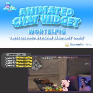 May include: Animated Twitch chat widget with a pink pig cartoon character holding a carrot. The text "WORTELPIG" is displayed in blue and yellow letters. The text "TWITCH AND STREAM ELEMENT ONLY" is displayed in white letters. The text "StreamElements" is displayed in white letters with a rocket ship icon.
