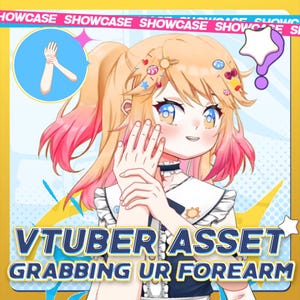 May include: An anime-style illustration of a character with peach-colored hair with pink tips, blue eyes, and a white and navy outfit. The image includes the text "VTUBER ASSET GRABBING UR FOREARM".