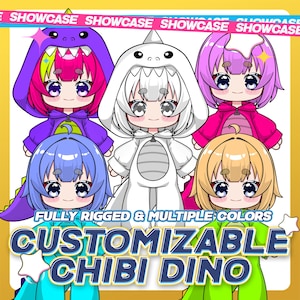 May include: An illustration of five chibi characters in dinosaur costumes. The characters have different hair colors and wear purple, white, and pink dinosaur hoodies. The image includes the text "FULLY RIGGED & MULTIPLE COLORS" and "CUSTOMIZABLE CHIBI DINO".