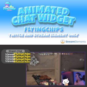 Peut inclure: Widget de chat animé pour Twitch et les éléments de diffusion appelés "Flying Chips" avec un schéma de couleurs bleu et jaune. Le widget est affiché sur un écran de jeu vidéo avec un streamer dans le coin.