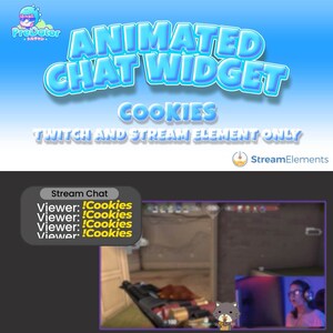 May include: Animated chat widget for Twitch and stream elements. The widget is blue and white with the text "ANIMATED CHAT WIDGET" and "COOKIES". The widget is displayed over a video game screen with a chat window showing the text "!Cookies" repeated multiple times.