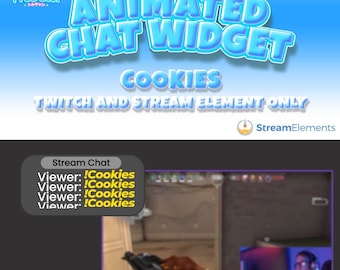 May include: Animated chat widget for Twitch and stream elements. The widget is blue and white with the text "ANIMATED CHAT WIDGET" and "COOKIES". The widget is displayed over a video game screen with a chat window showing the text "!Cookies" repeated multiple times.
