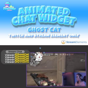 May include: Animated Twitch and Stream Element chat widget featuring a ghost cat design. The widget displays the text "GhostCat" in yellow text on a black background. The widget is designed for use on Twitch and other streaming platforms.