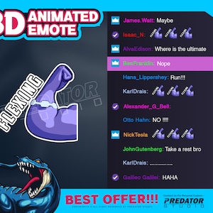 May include: A 3D animated emote of a flexing arm with a purple and blue color scheme. The emote is labeled "Flexing" and is surrounded by a blue and black background. The text "3D Animated Emote" is at the top of the image. The text "Best Offer!!!" is at the bottom of the image. The text "Predator Studio" is at the bottom right of the image.