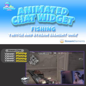 Könnte beinhalten: Ein blaues und weißes animiertes Chat-Widget für Twitch und Streaming. Das Widget zeigt den Text "Animated Chat Widget" und "Fishing". Das Widget ist für die Verwendung in Streams zum Thema Angeln konzipiert.