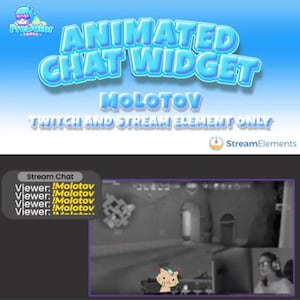 Peut inclure: Widget de chat animé pour Twitch et StreamElements, avec un design bleu et jaune, le texte "Molotov" et un avatar de chat. Le widget affiche un journal de chat avec le texte "Viewer: Molotov" répété plusieurs fois.