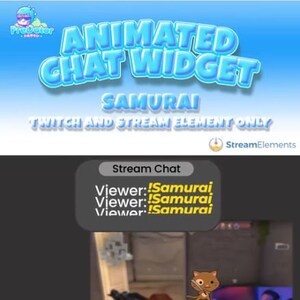 May include: A digital graphic with the text "ANIMATED CHAT WIDGET SAMURAI" in blue and white. Below, it says "TWITCH AND STREAM ELEMENT ONLY". A chat window displays "Viewer: !Samurai" multiple times. The StreamElements logo is visible.