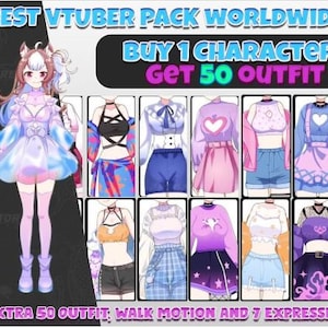 K&ouml;nnte beinhalten: Eine digitale Illustration eines VTuber-Charakters mit verschiedenen Outfits und Gesichtsausdr&uuml;cken. Der Text lautet "Best VTuber Pack Worldwide, Buy 1 Character Get 50 Outfit, Extra 50 Outfit, Walk Motion and 7 Expression".