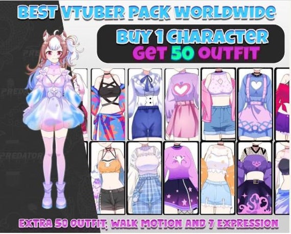 Live2D Vtuber Model Adoption  Pack: 50 Outfits, 7 Expressions, Walk Motion