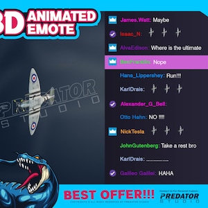 Puede incluir: Una ilustración digital de un depredador de dibujos animados con un cuerpo azul y dientes afilados, con un emoji animado en 3D de un avión vintage volando por encima. El texto "3D ANIMATED EMOTE" está en un cuadro azul y rosa en la parte superior de la imagen. El texto "BEST OFFER!!!" está en un cuadro azul en la parte inferior de la imagen. El texto "PREDATOR STUDIO" está en un cuadro blanco en la parte inferior derecha de la imagen.