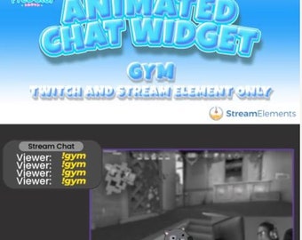 Könnte beinhalten: Animiertes Chat-Widget für Twitch und Streaming, mit einem blauen und weißen Design. Das Widget zeigt "Animated Chat Widget" und "Gym" an. Das Widget enthält auch ein Chat-Fenster mit dem Text "Stream Chat" und "Viewer: gym", der viermal wiederholt wird.