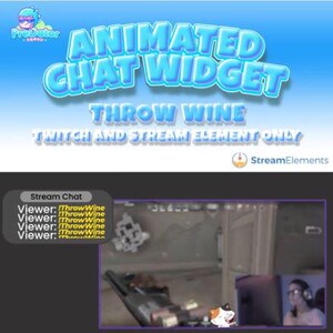 Könnte beinhalten: Animiertes Chat-Widget für Twitch und Stream Elements, mit dem Text "Throw Wine" in einem blau-weißen Farbschema. Das Widget zeigt ein Chat-Fenster mit dem Text "Viewer: Throw Wine", der mehrmals wiederholt wird.