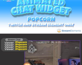 May include: Animated chat widget for Twitch and stream elements. The widget is blue and white with the text "ANIMATED CHAT WIDGET" and "POPCORN" in large, bold letters. The text "TWITCH AND STREAM ELEMENT ONLY" is below the title. The widget is designed to display chat messages from viewers. The chat messages are displayed in a black box with white text. The text "!Popcorn" is repeated four times in the chat box. The widget also includes a cartoon monkey holding a bucket of popcorn.