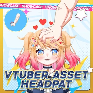 May include: A digital illustration featuring a smiling anime-style character with blonde hair, pink tips, and blue eyes. The image includes the text "VTUBER ASSET HEADPAT" in a blue and yellow font, with a hand patting the character's head and hearts floating above.