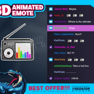 May include: A 3D animated emote of a retro radio with a colorful equalizer. The text "3D ANIMATED EMOTE" is at the top of the image. The text "BEST OFFER!!!" is at the bottom of the image. The text "Contact Us For Personal Custom PREDATOR STUDIO" is at the bottom right of the image.