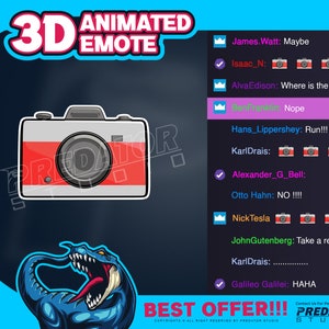 Könnte beinhalten: Ein animiertes 3D-Emoji einer Kamera mit einem roten Streifen. Die Kamera ist von einem blauen und schwarzen Hintergrund umgeben, auf dem oben der Text "3D ANIMATED EMOTE" steht. Der Text "BEST OFFER!!!" befindet sich unten im Bild. Das Bild enthält auch eine Liste von Namen und Kommentaren, darunter "James.Watt: Maybe", "Isaac_N: ", "Alva Edison: Where is the ultimate", "BenFranklin: Nope", "Hans_Lippershey: Run!!!", "KarlDrais: ", "Alexander_G_Bell: ", "Otto Hahn: NO!!!", "Nick Tesla", "JohnGutenberg: Take a rest bro", "KarlDrais: ", "Galileo Galilei: HAHA".