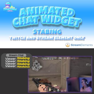 May include: An animated chat widget for Twitch and Stream Elements, with the text "ANIMATED CHAT WIDGET" in a blue, bubbly font. The word "STABING" is below it. A small bear graphic with a megaphone is in the bottom right corner.