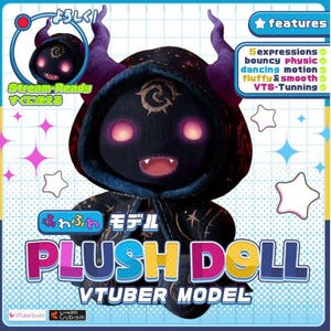 May include: A black plush doll with a hooded cloak, purple horns, and glowing pink eyes. The doll has a small mouth with visible teeth and the text "PLUSH DOLL VTUBER MODEL". Additional text includes "Stream-Ready" and "features".