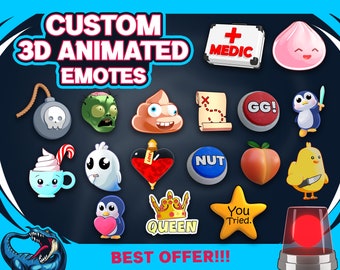 Pode incluir: Uma coleção de emotes animados em 3D, incluindo uma bomba, um zumbi, um emoji de cocô, um mapa do tesouro, um botão que diz "GG!", um pinguim, um bastão de caramelo, um fantasma, um coração, um botão que diz "NUT", um pêssego, um frango, um pinguim segurando um coração, uma coroa, uma estrela que diz "You Tried." e uma sirene vermelha.